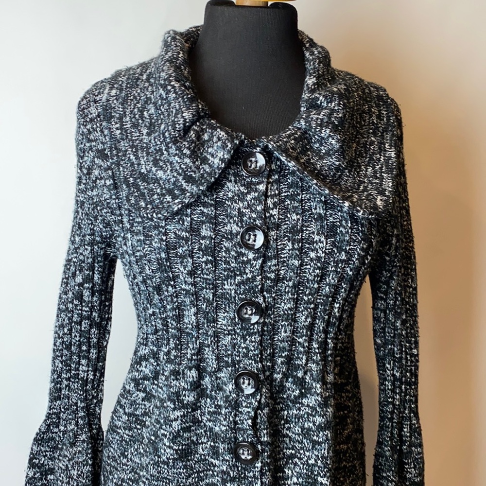 Style & co marbled black sweater button down flare sleeves shawl collar